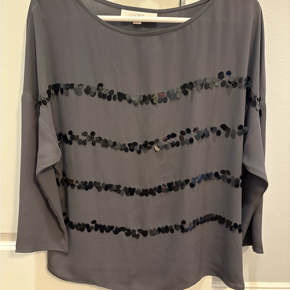 LOFT Gray Sequin Embellished Blouse